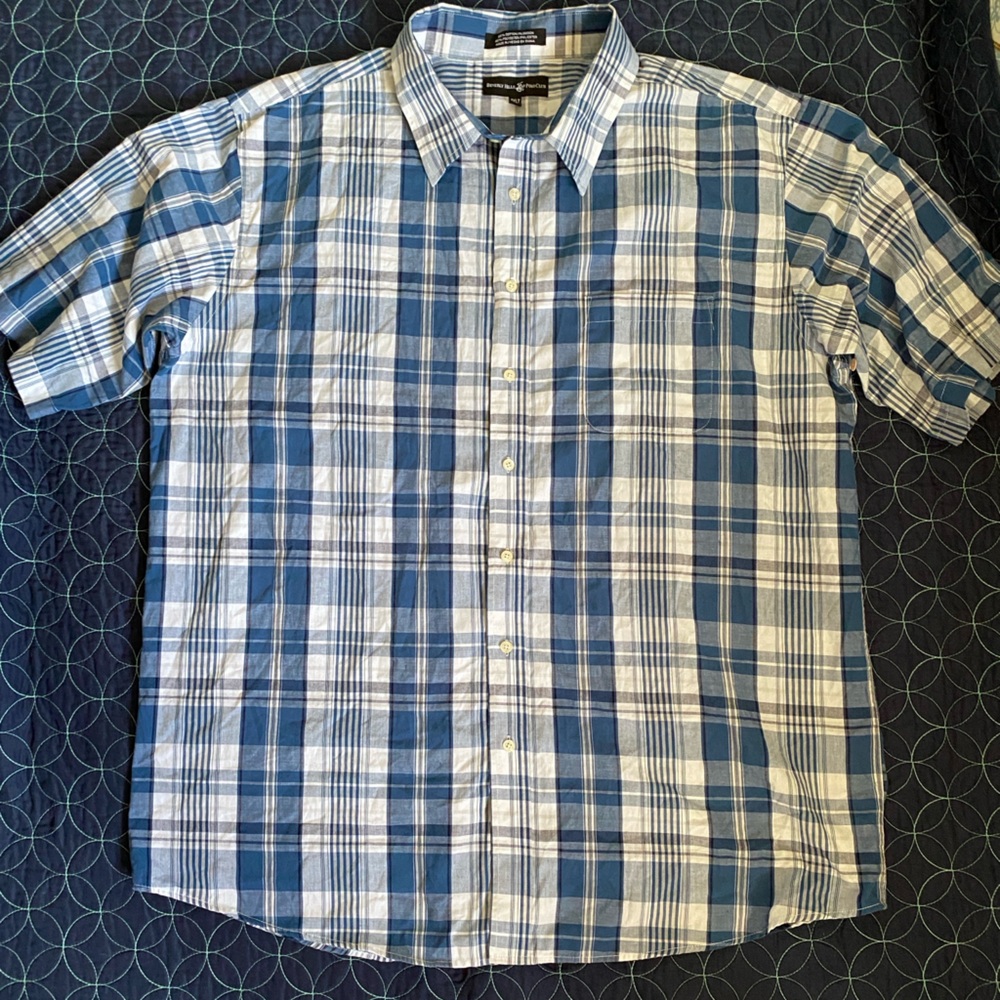 Beverly Hills Polo Club Blue and White Plaid Button Down Shirt